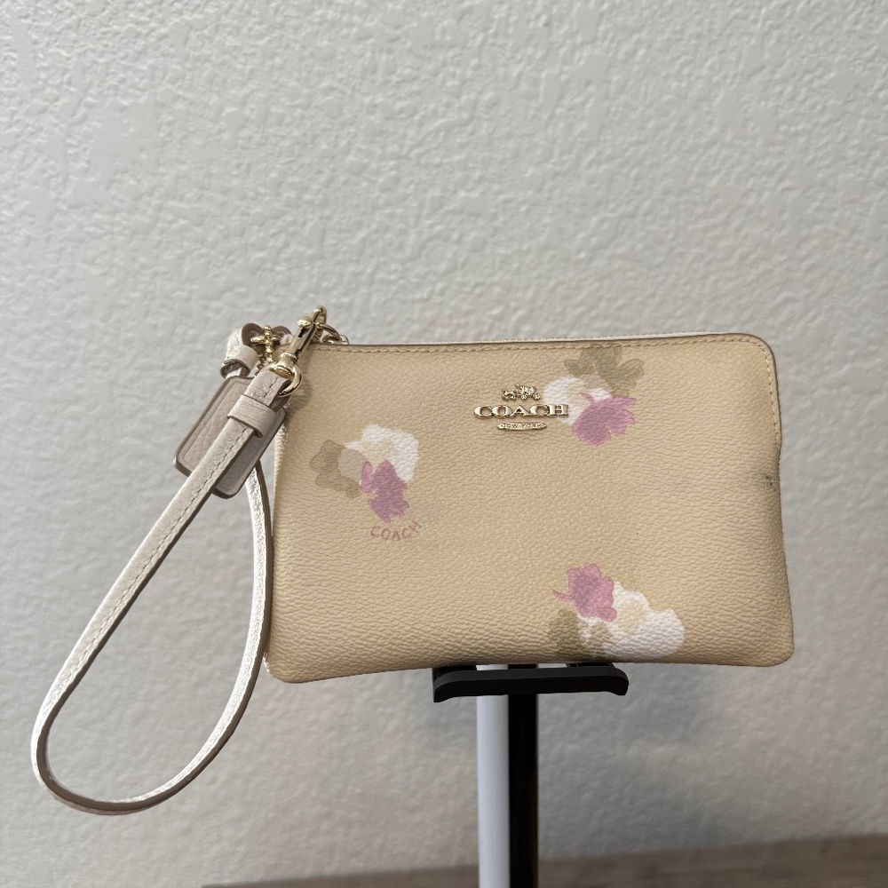 Coach cream floral wristlet wallet